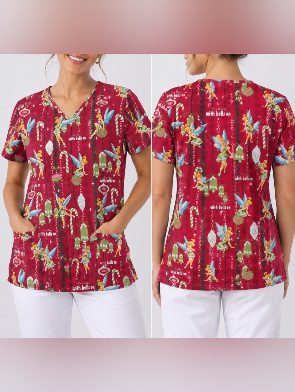 Disney Tinkerbell Holiday Christmas Scrub Top Womens XL